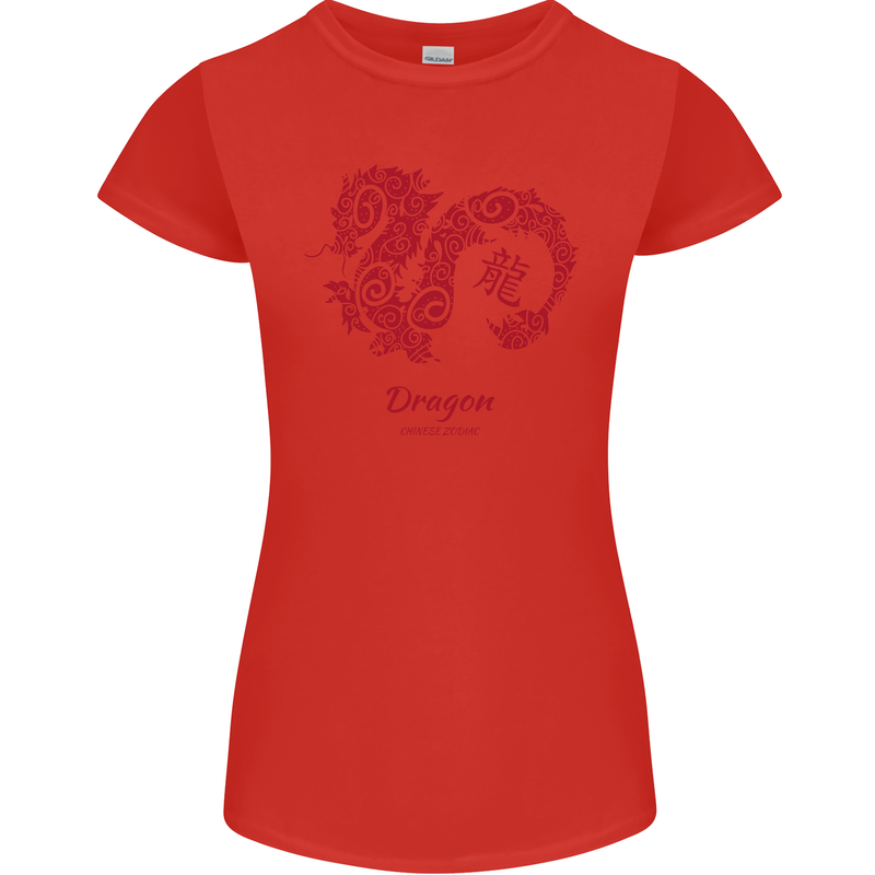 Chinese Zodiac Shengxiao Year of the Dragon Womens Petite Cut T-Shirt Red