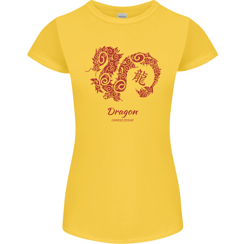 Chinese Zodiac Shengxiao Year of the Dragon Womens Petite Cut T-Shirt Yellow