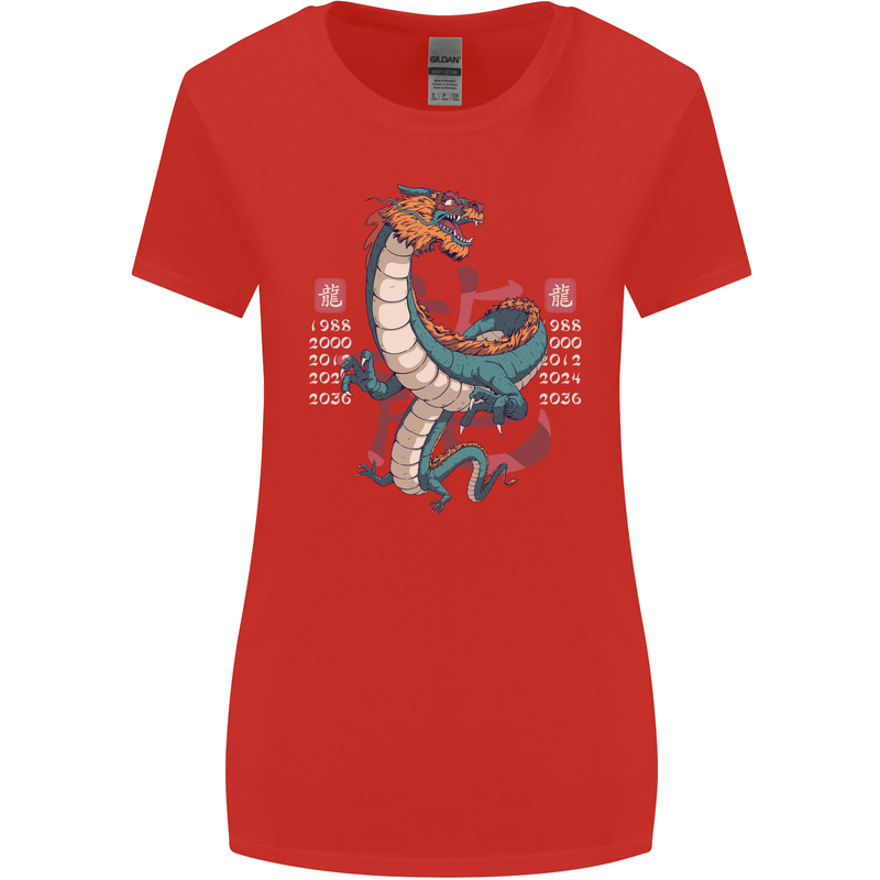 Chinese Zodiac Shengxiao Year of the Dragon Womens Wider Cut T-Shirt Red