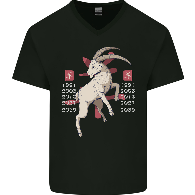 Chinese Zodiac Shengxiao Year of the Goat Mens V-Neck Cotton T-Shirt Black