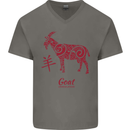 Chinese Zodiac Shengxiao Year of the Goat Mens V-Neck Cotton T-Shirt Charcoal