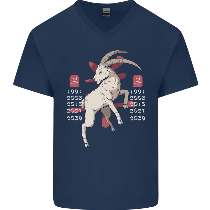 Chinese Zodiac Shengxiao Year of the Goat Mens V-Neck Cotton T-Shirt Navy Blue