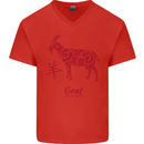 Chinese Zodiac Shengxiao Year of the Goat Mens V-Neck Cotton T-Shirt Red