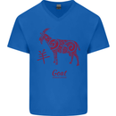 Chinese Zodiac Shengxiao Year of the Goat Mens V-Neck Cotton T-Shirt Royal Blue