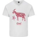 Chinese Zodiac Shengxiao Year of the Goat Mens V-Neck Cotton T-Shirt White