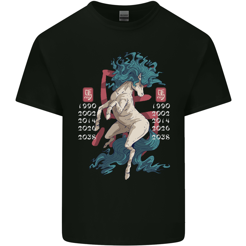 Chinese Zodiac Shengxiao Year of the Horse Mens Cotton T-Shirt Tee Top Black