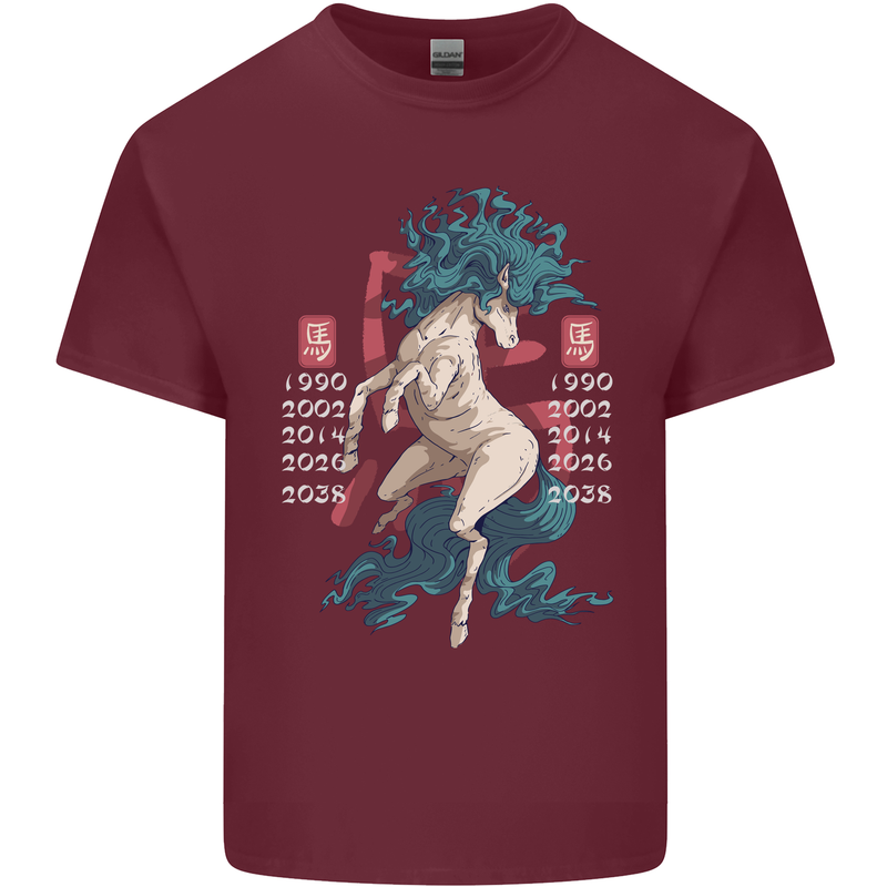 Chinese Zodiac Shengxiao Year of the Horse Mens Cotton T-Shirt Tee Top Maroon