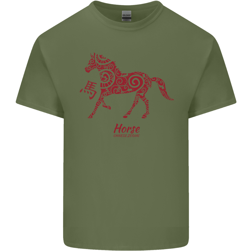 Chinese Zodiac Shengxiao Year of the Horse Mens Cotton T-Shirt Tee Top Military Green
