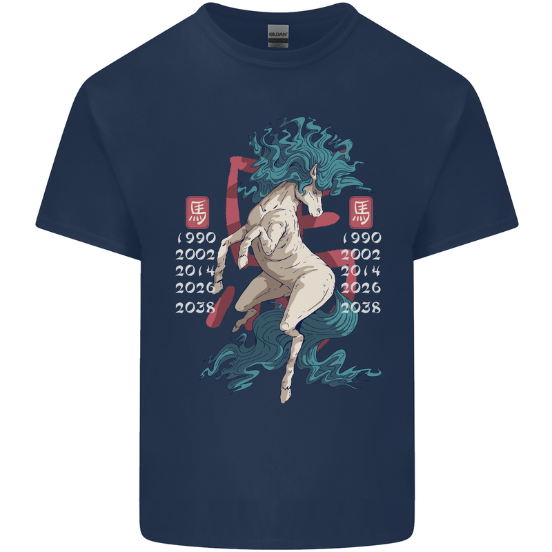 Chinese Zodiac Shengxiao Year of the Horse Mens Cotton T-Shirt Tee Top Navy Blue