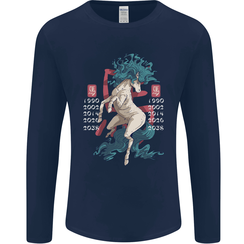 Chinese Zodiac Shengxiao Year of the Horse Mens Long Sleeve T-Shirt Navy Blue