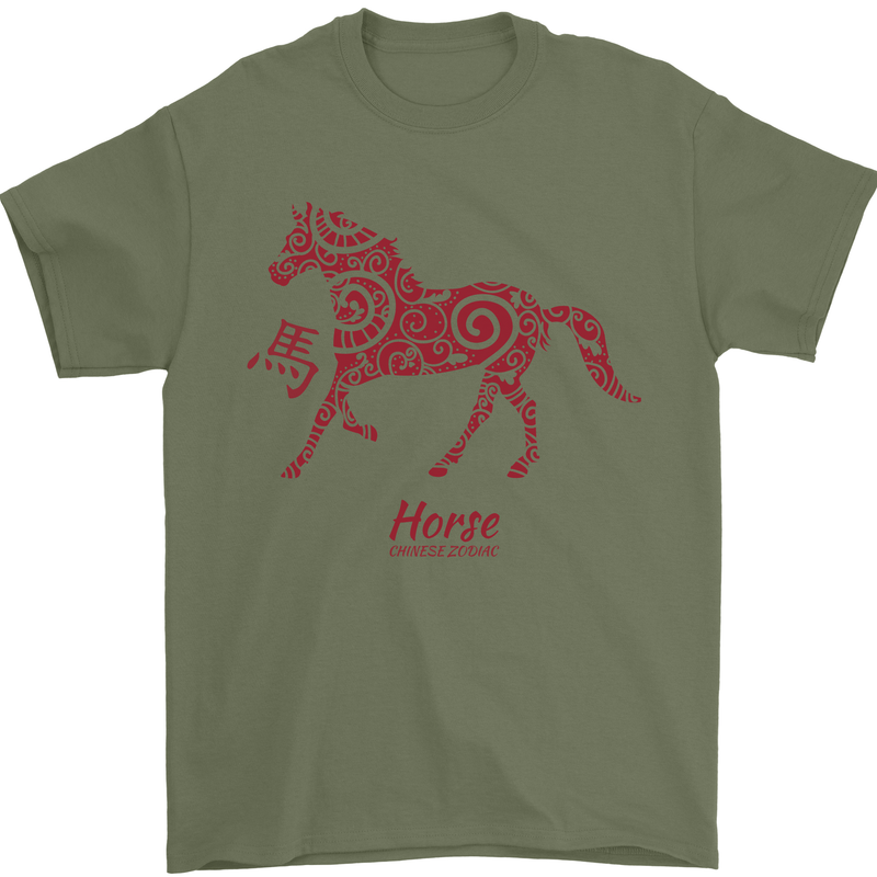 Chinese Zodiac Shengxiao Year of the Horse Mens T-Shirt Cotton Gildan Military Green