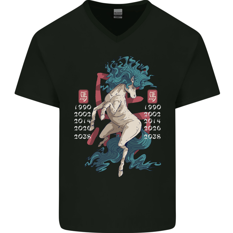 Chinese Zodiac Shengxiao Year of the Horse Mens V-Neck Cotton T-Shirt Black
