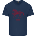 Chinese Zodiac Shengxiao Year of the Horse Mens V-Neck Cotton T-Shirt Navy Blue