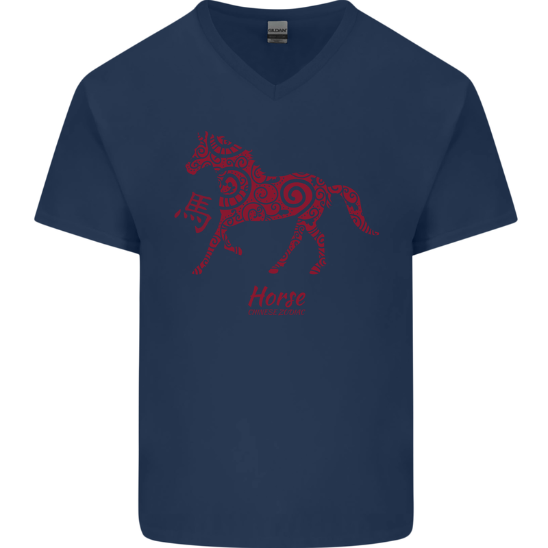 Chinese Zodiac Shengxiao Year of the Horse Mens V-Neck Cotton T-Shirt Navy Blue