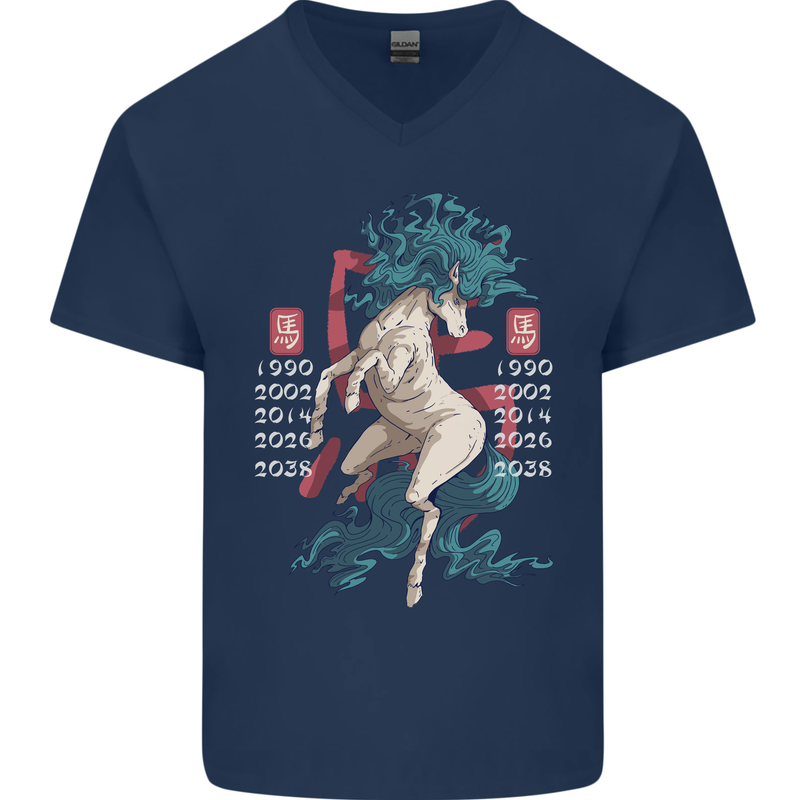 Chinese Zodiac Shengxiao Year of the Horse Mens V-Neck Cotton T-Shirt Navy Blue