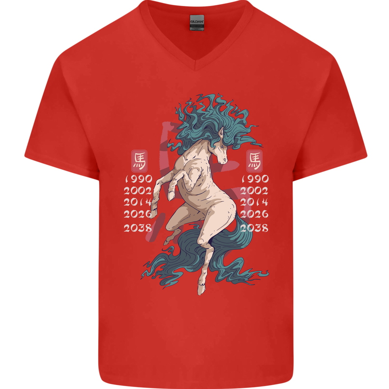Chinese Zodiac Shengxiao Year of the Horse Mens V-Neck Cotton T-Shirt Red
