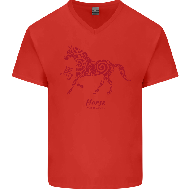 Chinese Zodiac Shengxiao Year of the Horse Mens V-Neck Cotton T-Shirt Red