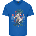 Chinese Zodiac Shengxiao Year of the Horse Mens V-Neck Cotton T-Shirt Royal Blue