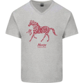 Chinese Zodiac Shengxiao Year of the Horse Mens V-Neck Cotton T-Shirt Sports Grey