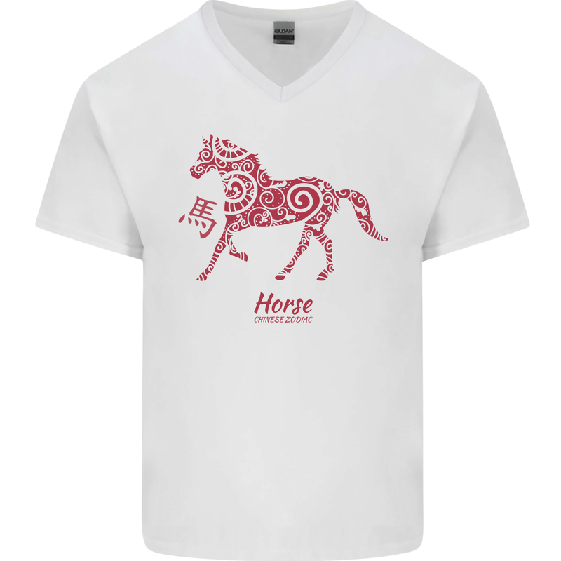 Chinese Zodiac Shengxiao Year of the Horse Mens V-Neck Cotton T-Shirt White