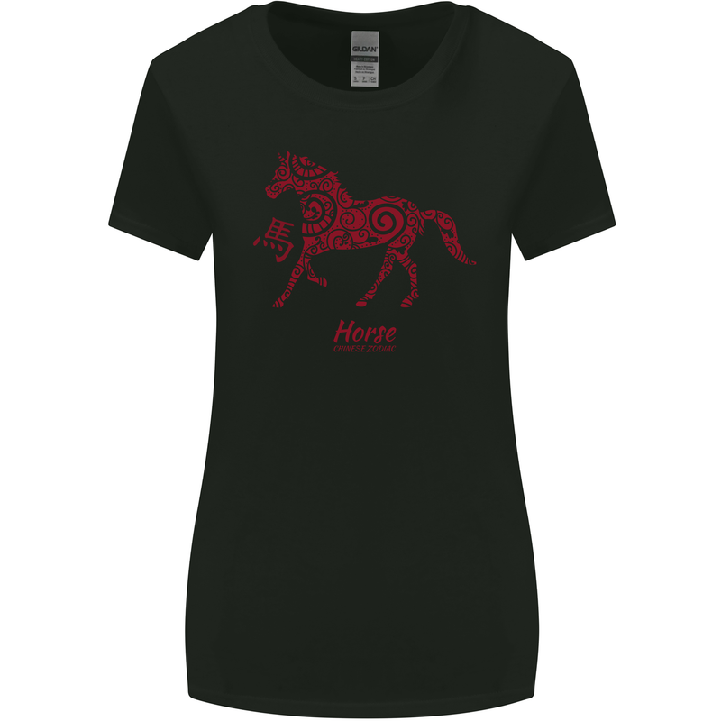 Chinese Zodiac Shengxiao Year of the Horse Womens Wider Cut T-Shirt Black