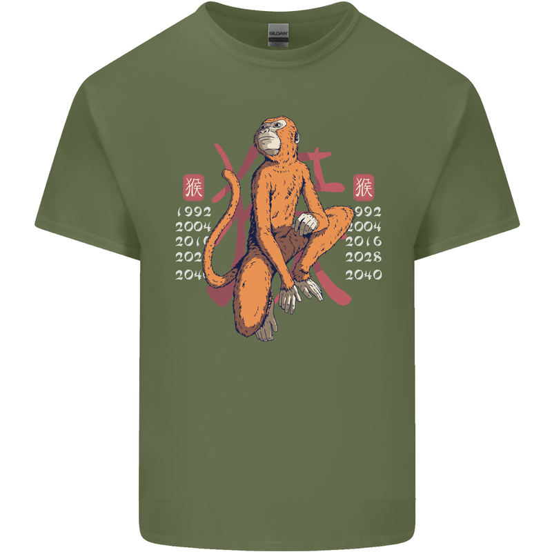 Chinese Zodiac Shengxiao Year of the Monkey Mens Cotton T-Shirt Tee Top Military Green