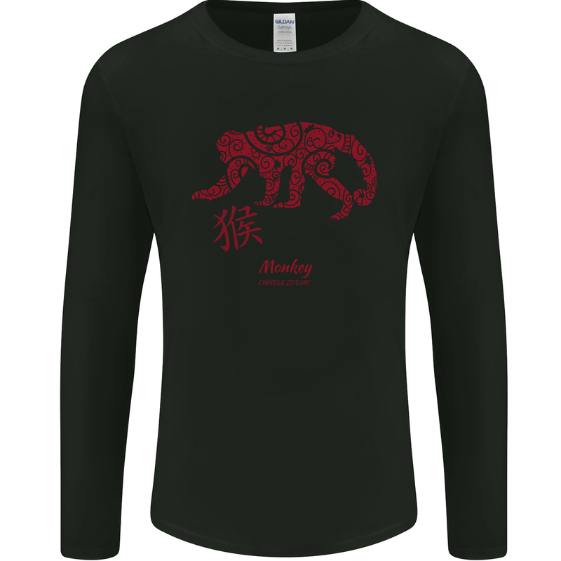Chinese Zodiac Shengxiao Year of the Monkey Mens Long Sleeve T-Shirt Black