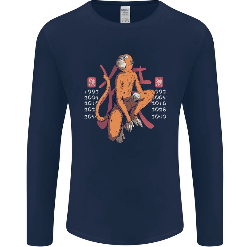 Chinese Zodiac Shengxiao Year of the Monkey Mens Long Sleeve T-Shirt Navy Blue
