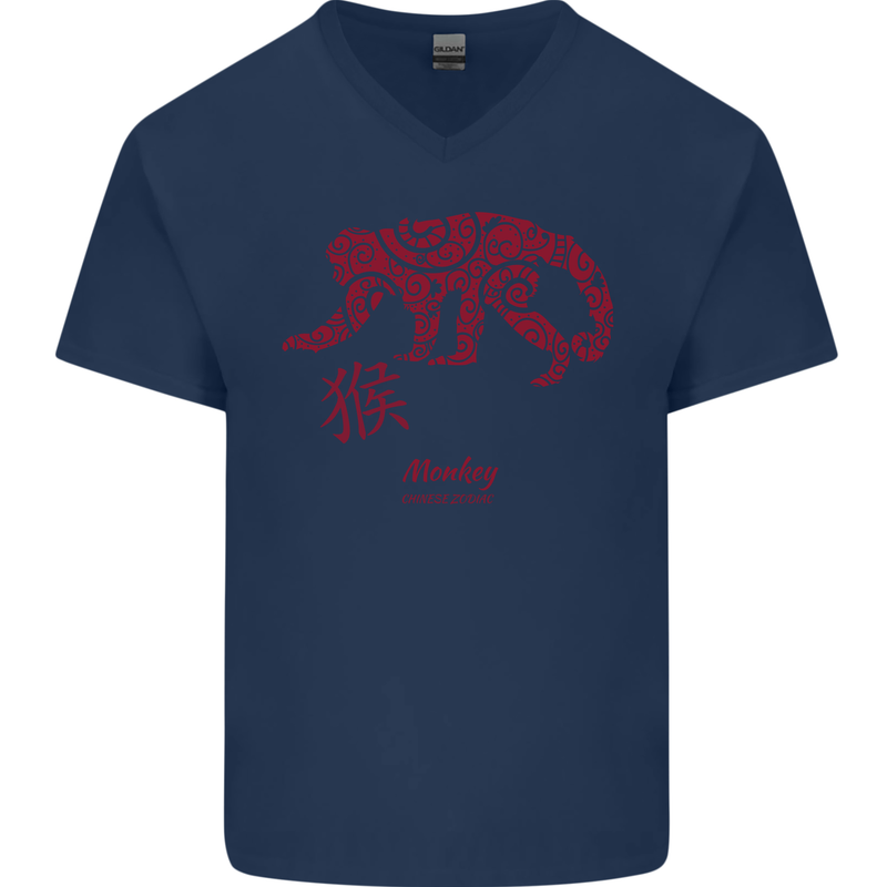 Chinese Zodiac Shengxiao Year of the Monkey Mens V-Neck Cotton T-Shirt Navy Blue