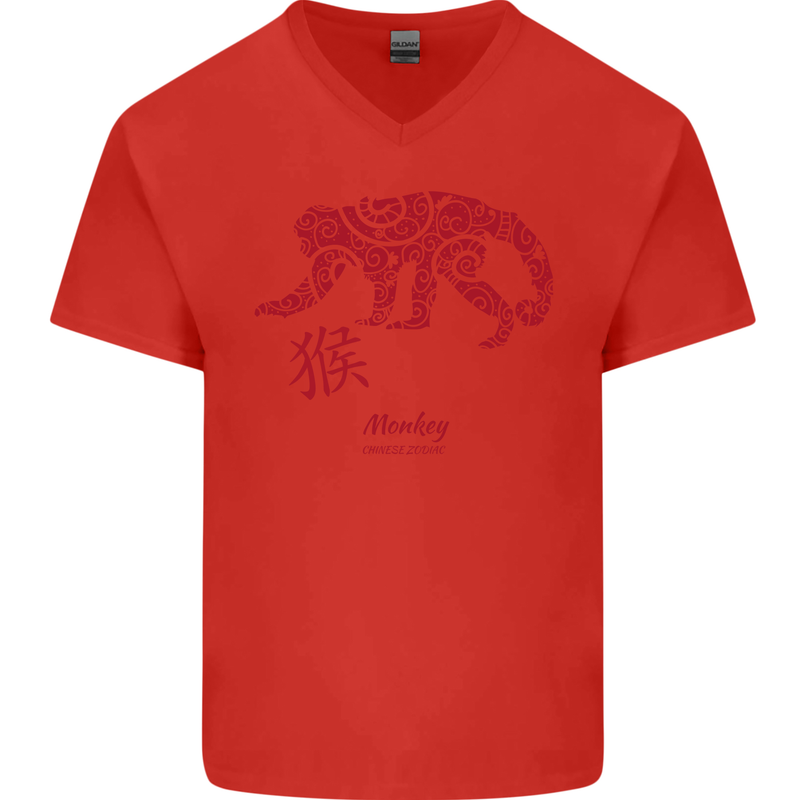Chinese Zodiac Shengxiao Year of the Monkey Mens V-Neck Cotton T-Shirt Red