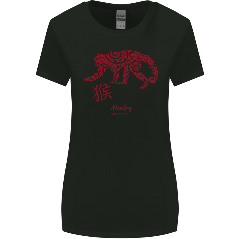 Chinese Zodiac Shengxiao Year of the Monkey Womens Wider Cut T-Shirt Black