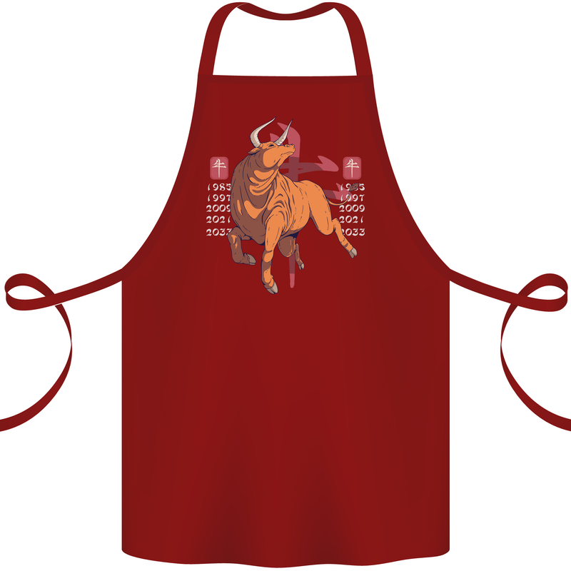 Chinese Zodiac Shengxiao Year of the Ox Cotton Apron 100% Organic Maroon