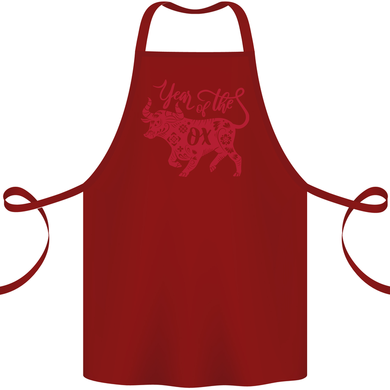 Chinese Zodiac Shengxiao Year of the Ox Cotton Apron 100% Organic Maroon