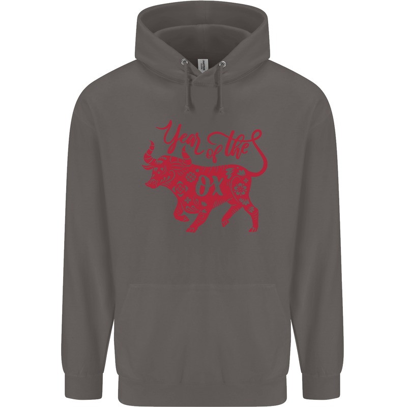 Chinese Zodiac Shengxiao Year of the Ox Mens 80% Cotton Hoodie Charcoal