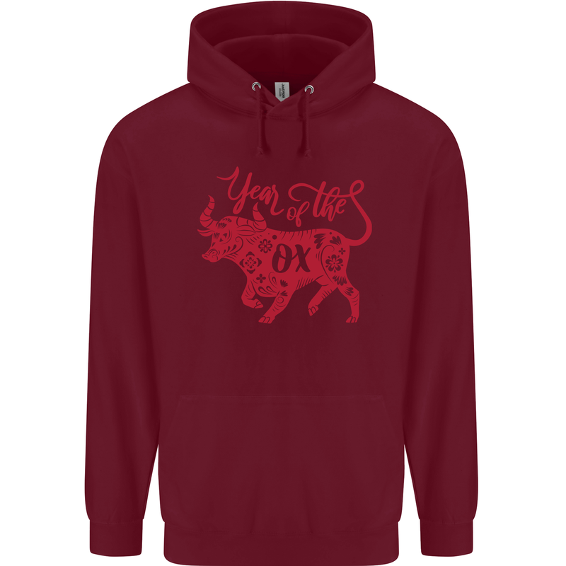 Chinese Zodiac Shengxiao Year of the Ox Mens 80% Cotton Hoodie Maroon