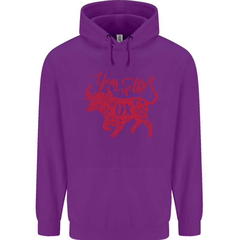 Chinese Zodiac Shengxiao Year of the Ox Mens 80% Cotton Hoodie Purple
