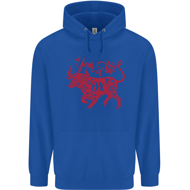 Chinese Zodiac Shengxiao Year of the Ox Mens 80% Cotton Hoodie Royal Blue