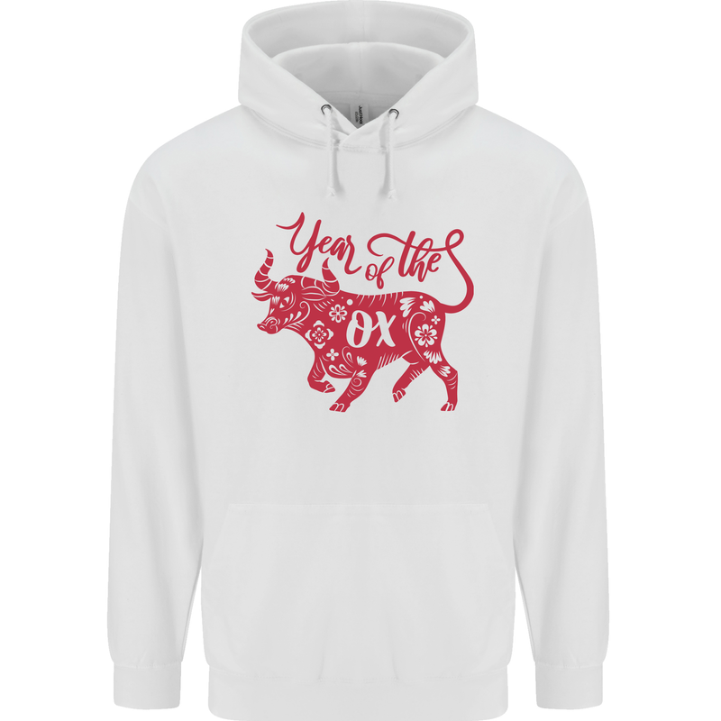 Chinese Zodiac Shengxiao Year of the Ox Mens 80% Cotton Hoodie White