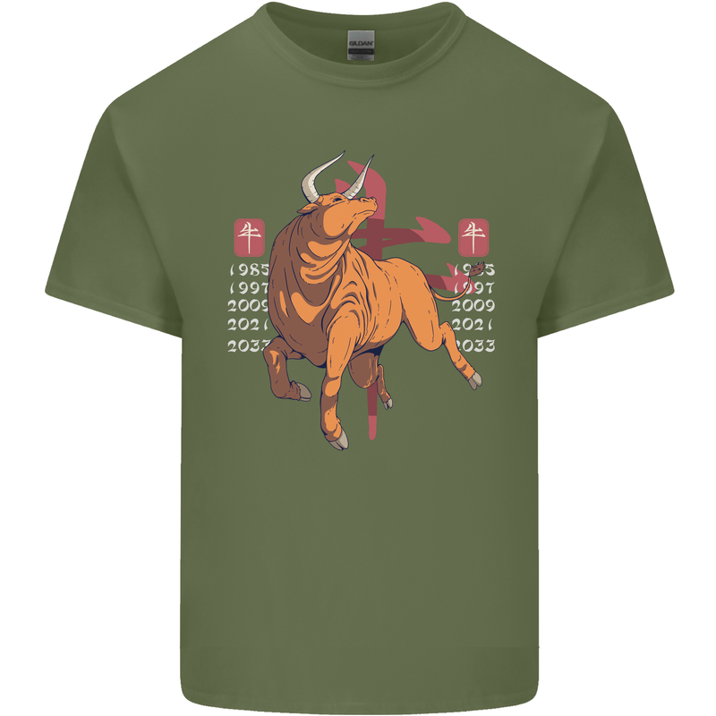 Chinese Zodiac Shengxiao Year of the Ox Mens Cotton T-Shirt Tee Top Military Green