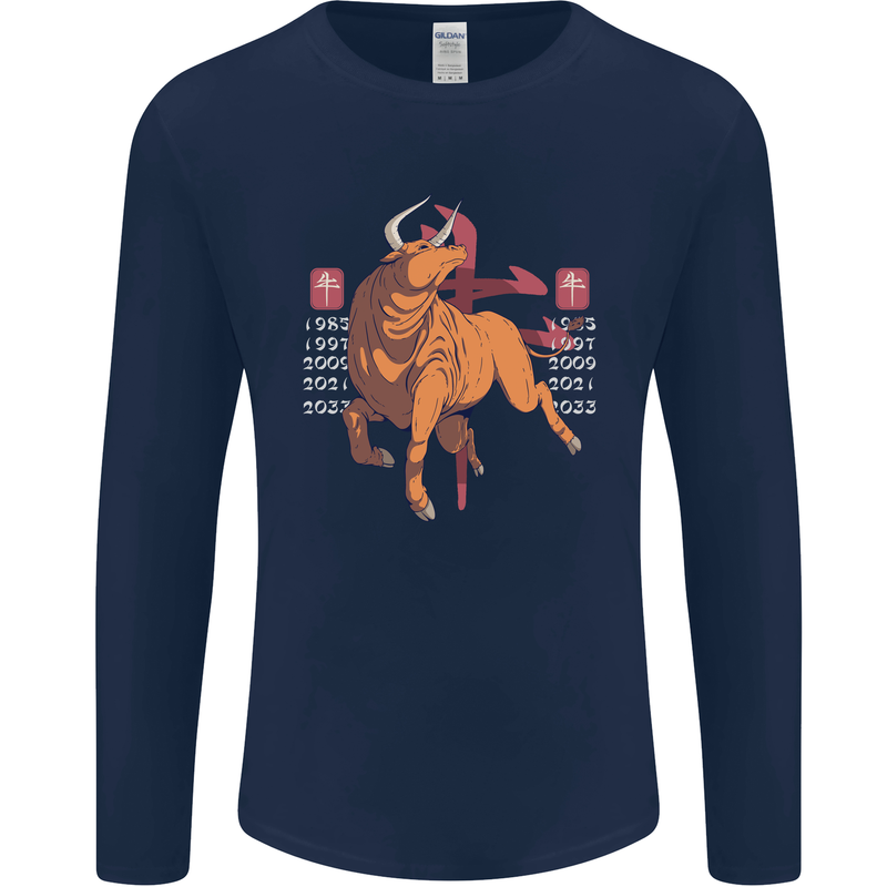 Chinese Zodiac Shengxiao Year of the Ox Mens Long Sleeve T-Shirt Navy Blue