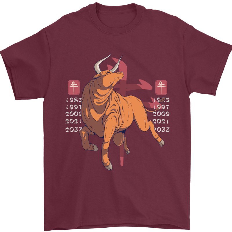Chinese Zodiac Shengxiao Year of the Ox Mens T-Shirt Cotton Gildan Maroon