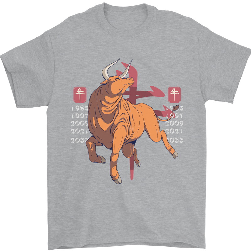 Chinese Zodiac Shengxiao Year of the Ox Mens T-Shirt Cotton Gildan Sports Grey