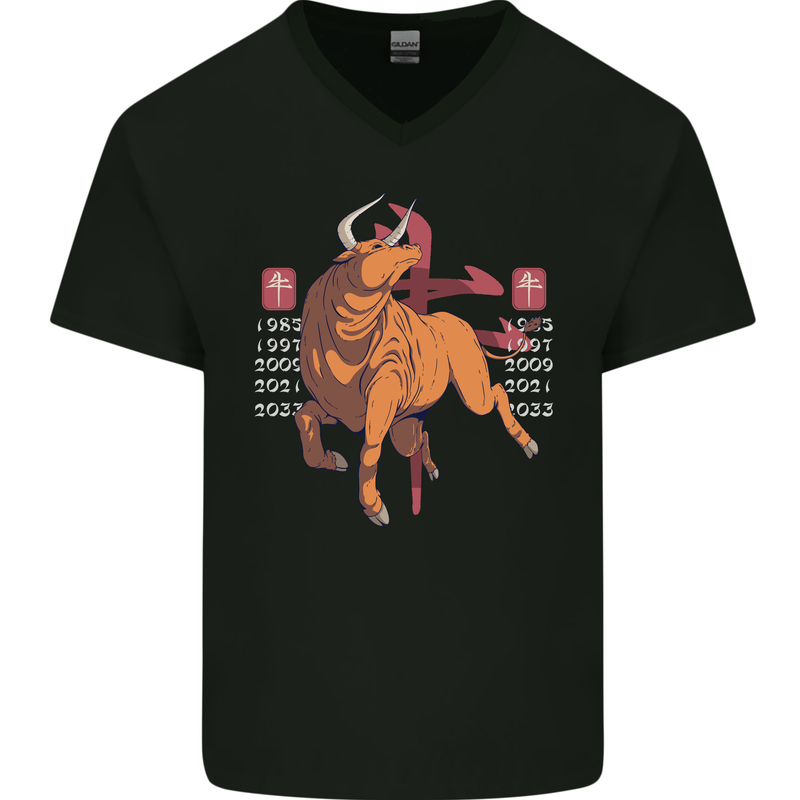 Chinese Zodiac Shengxiao Year of the Ox Mens V-Neck Cotton T-Shirt Black