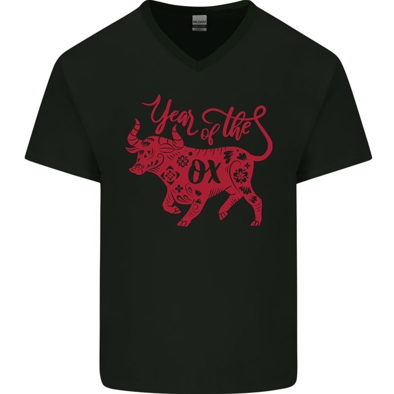 Chinese Zodiac Shengxiao Year of the Ox Mens V-Neck Cotton T-Shirt Black