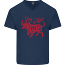 Chinese Zodiac Shengxiao Year of the Ox Mens V-Neck Cotton T-Shirt Navy Blue