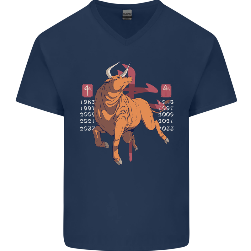 Chinese Zodiac Shengxiao Year of the Ox Mens V-Neck Cotton T-Shirt Navy Blue