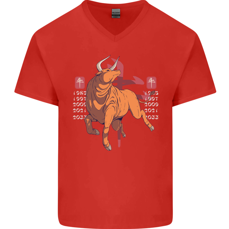 Chinese Zodiac Shengxiao Year of the Ox Mens V-Neck Cotton T-Shirt Red