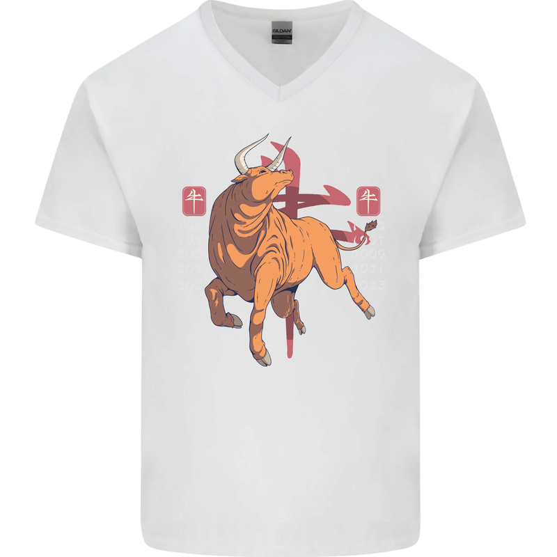Chinese Zodiac Shengxiao Year of the Ox Mens V-Neck Cotton T-Shirt White