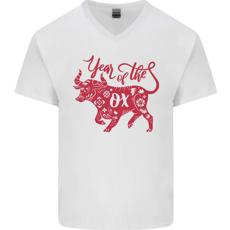 Chinese Zodiac Shengxiao Year of the Ox Mens V-Neck Cotton T-Shirt White