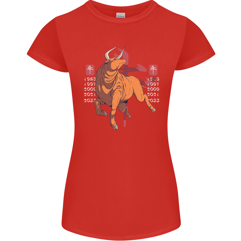 Chinese Zodiac Shengxiao Year of the Ox Womens Petite Cut T-Shirt Red